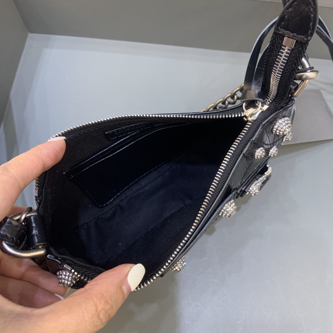 Balenciaga Le Cagole Mini Bag With Chain Crocodile Embossed Rhinestones Shoulder Bag Black 